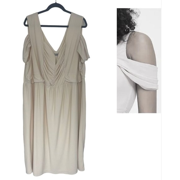 Size 24 3X NEW CREME/IVORY RUCHED COLD SHOULDER MIDI DRESS Wedding PLUS SIZE NWT - Picture 1 of 4